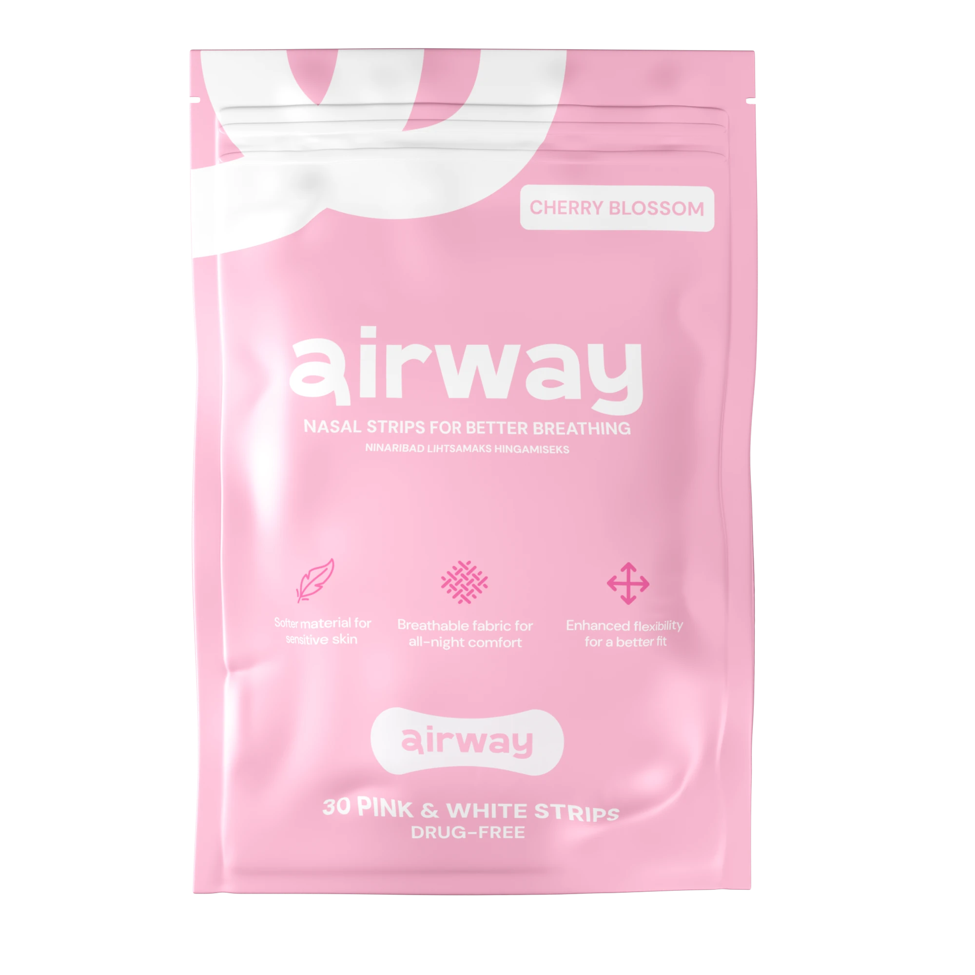 Pink packaging of airway nasal strips with white text on a transparent background