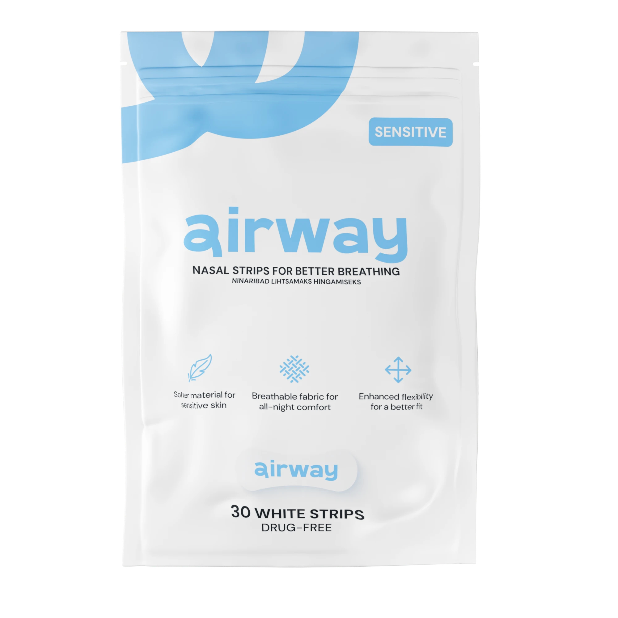 Package of airway nasal strips for better breathing on a white background