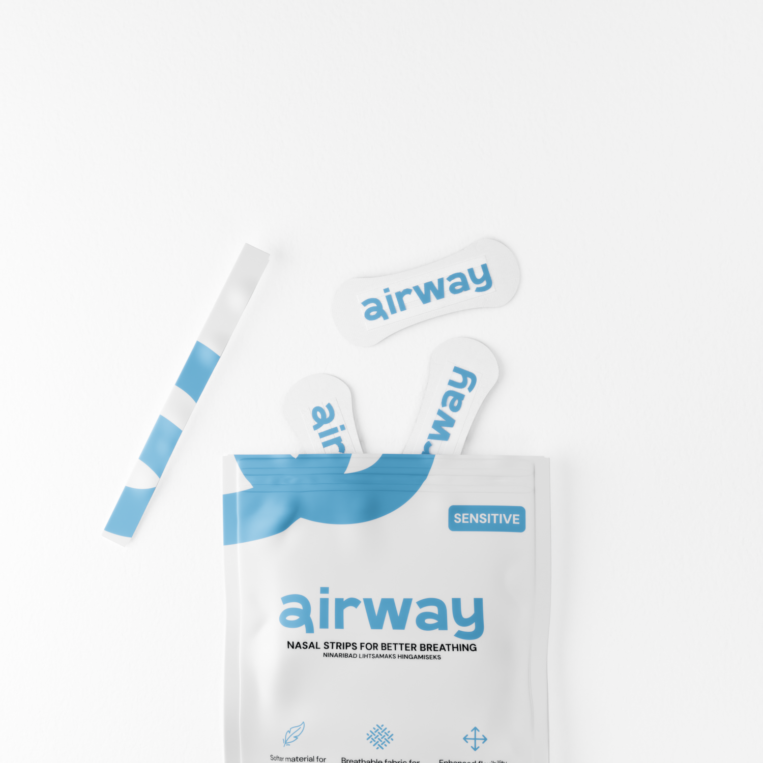 Airway nasal strip packaging with strips on a white background #color_white-and-blue