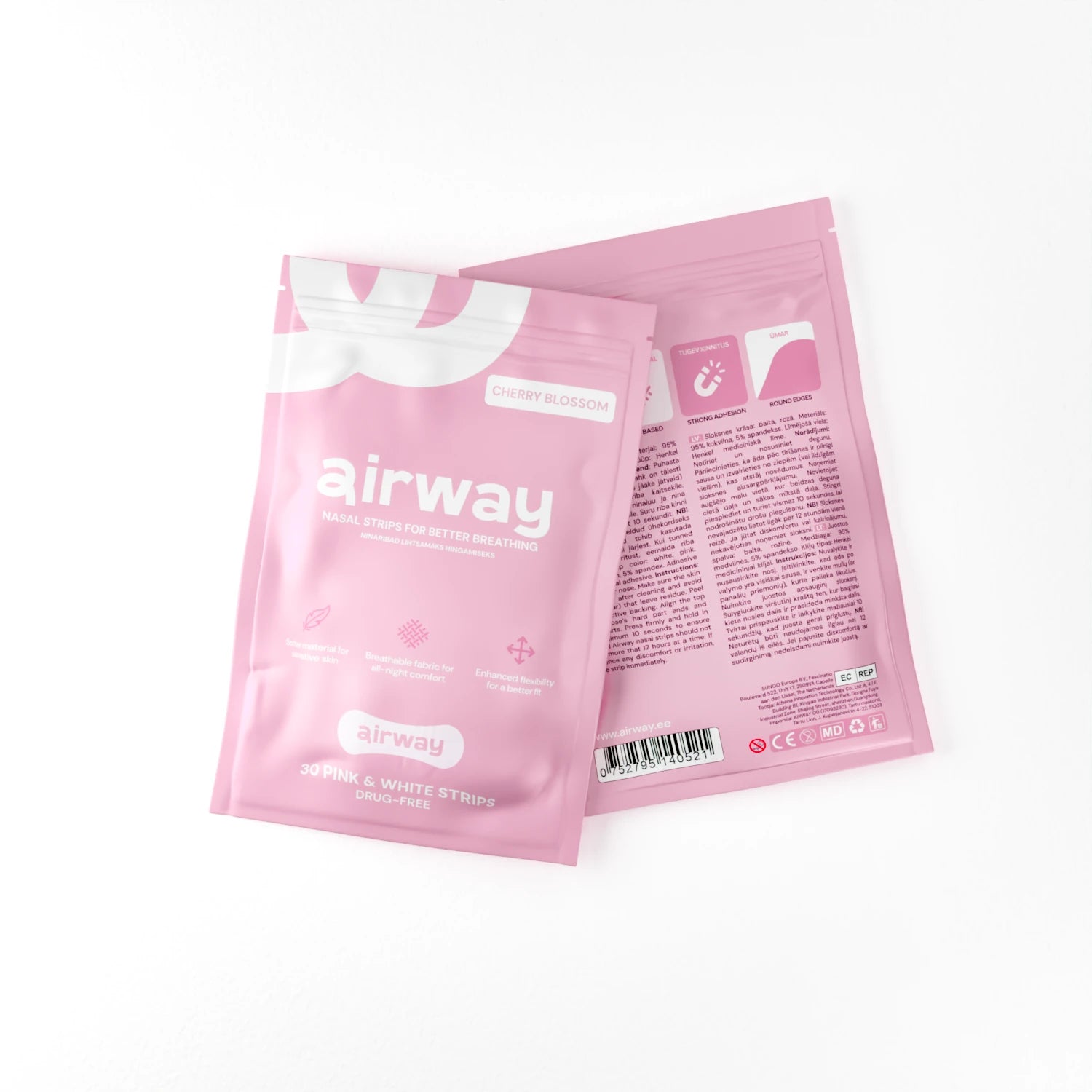 Two pink 'airway' packages on a white background