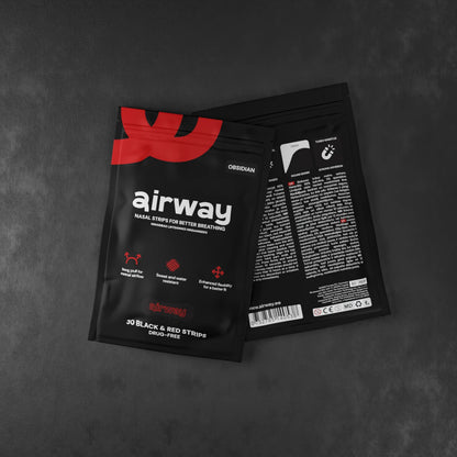 Black and red 'airway' package on a dark gray background