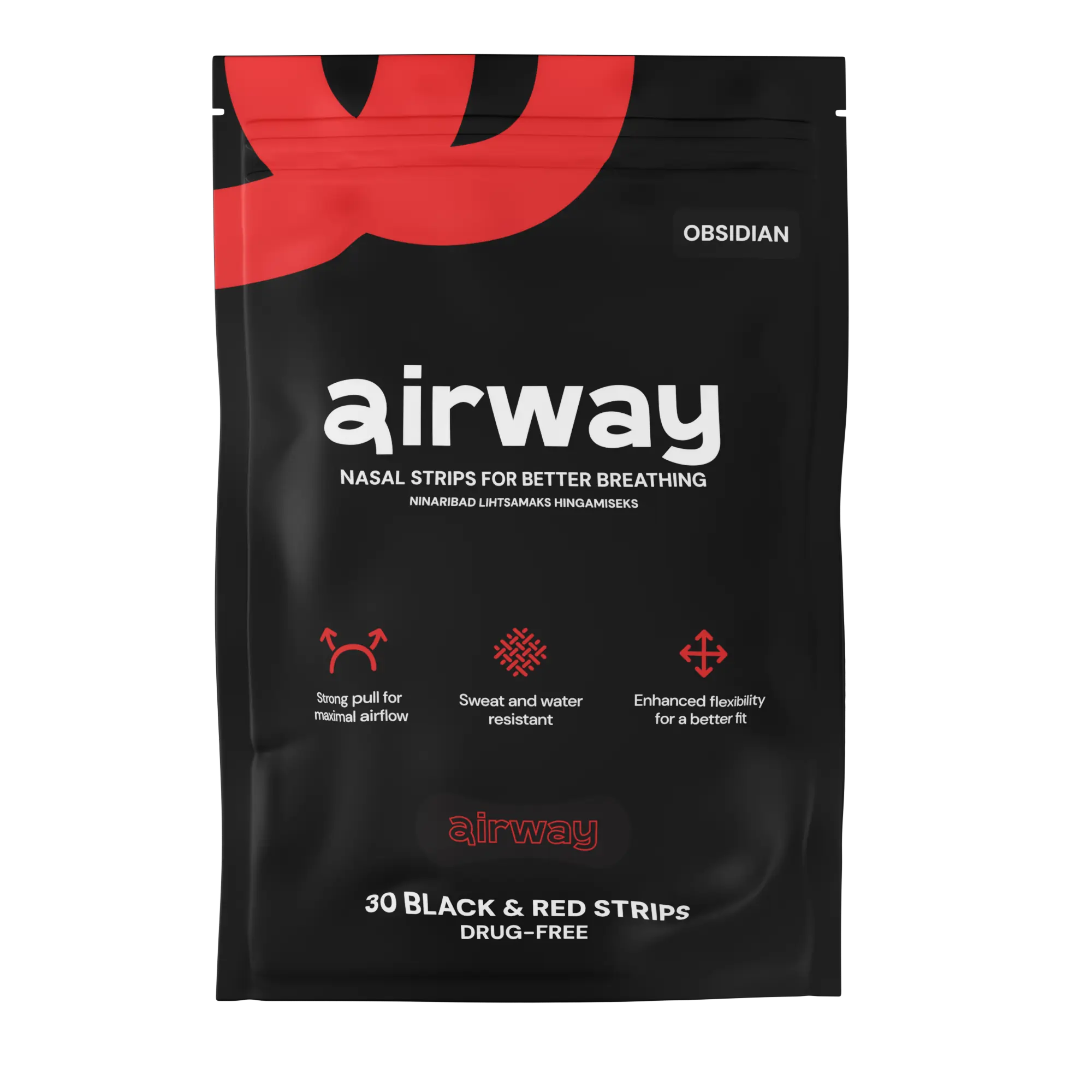 Black packaging of airway nasal strips with red accents on a transparent background