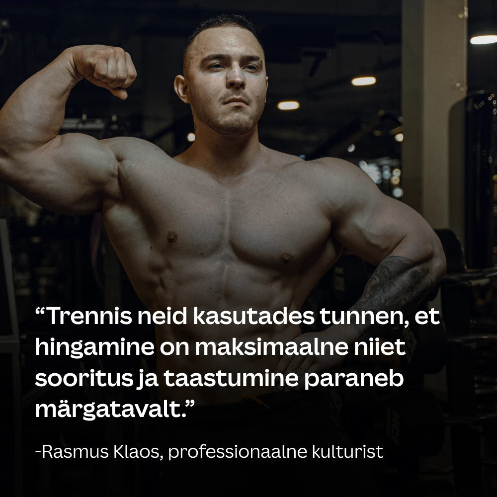 Muscular man flexing his arm with a quote in Estonian on a dark background wearing transparent airway nasal strip #color_transparent