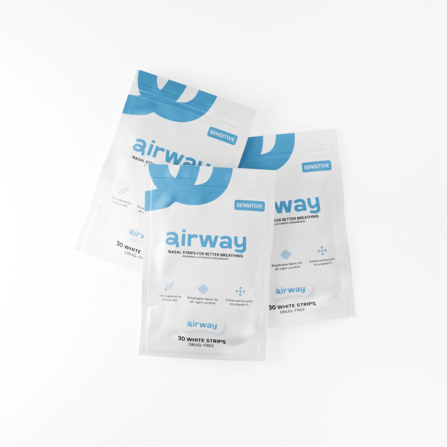 Three packages of airway Sensitive nasal strips on a white background