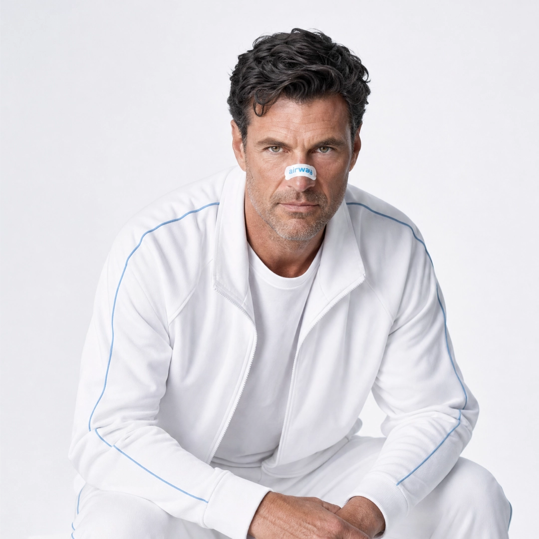 A man wearing a white athletic tracksuit with light blue piping details, posing against a clean white background wearing Airway white and blue nasalstrip.