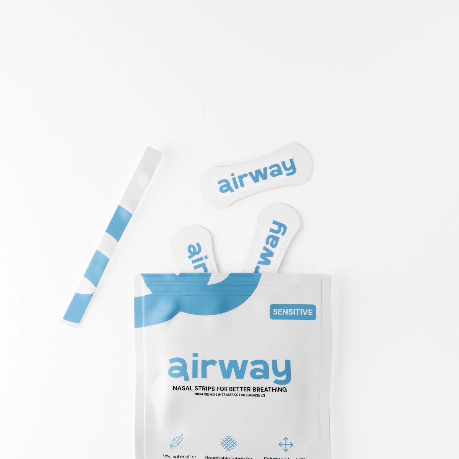 Airway nasal strips packaging with nasal strips on a white background